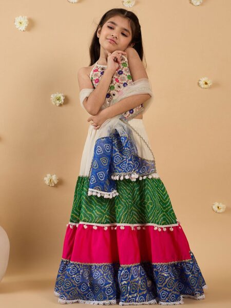 Girls Floral Embroidered Mirror Work Silk Lehenga With Choli And Dupatta