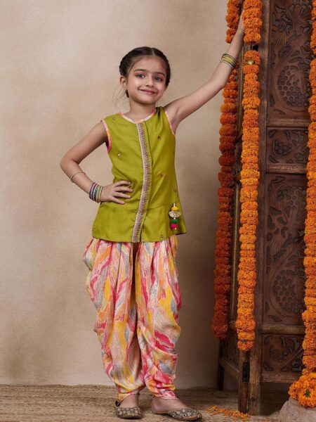 Girls Floral Embroidered Sleeveless A-Line Sequinned Kurti With Dhoti Pants