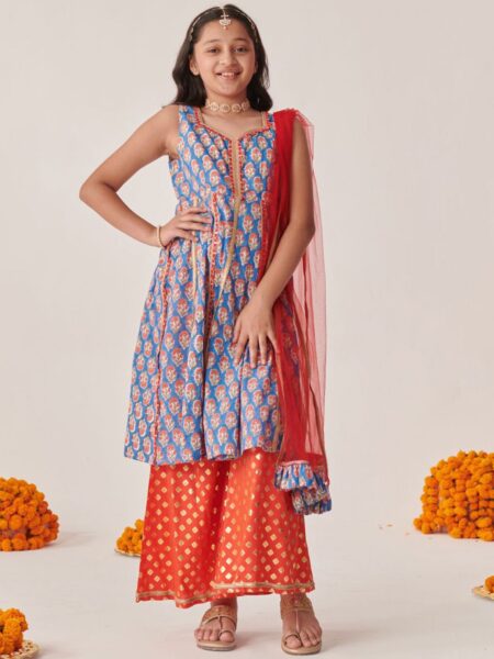 Girls Floral Printed Empire Gotta Patti Kurta with Palazzos & With Dupatta