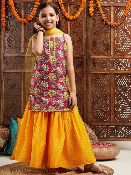 Girls Floral Printed Gotta Patti Straight Kurti with Sharara & Dupatta