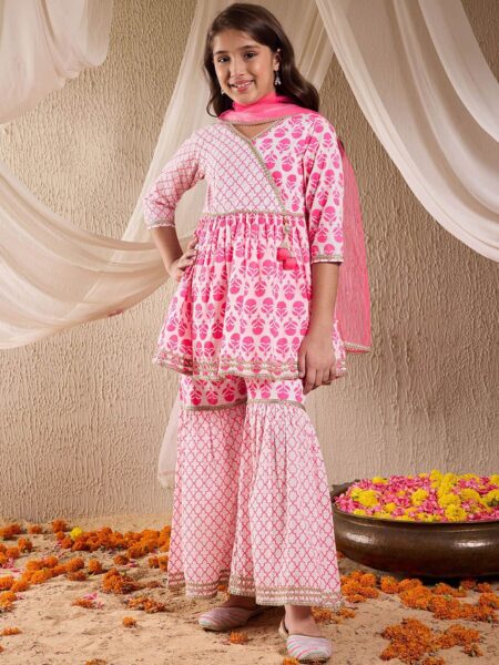 Girls Floral Printed Pleated Pure Cotton Anarkali Kurta With Sharara & Dupatta