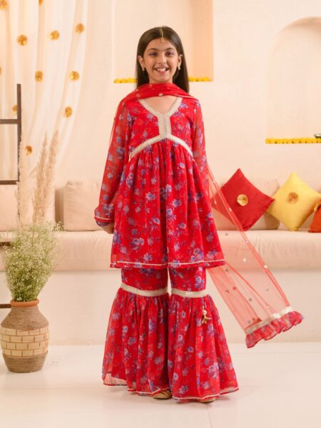Girls Floral Printed Regular A-Line Kurta & Sharara With Dupatta