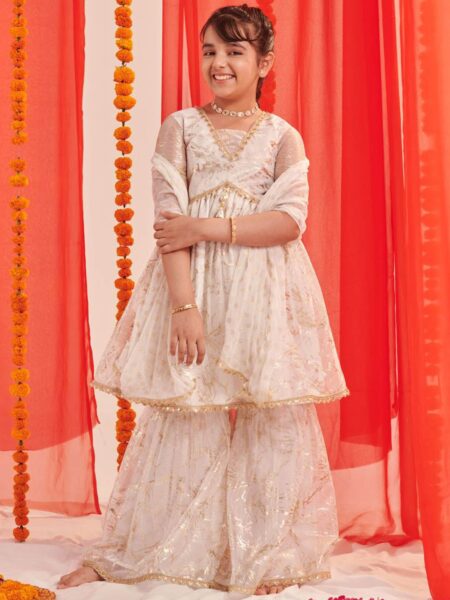 Girls Floral Printed Regular Kurta with Sharara & With Dupatta