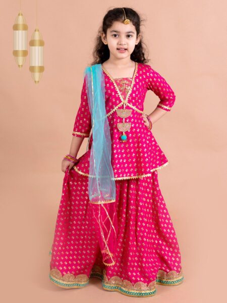 Girls Magenta & Blue Printed Ready to Wear Lehenga & Blouse With Dupatta