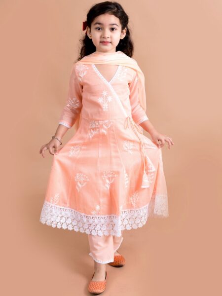 Girls Peach-Coloured Floral Embroidered Angrakha Pure Cotton Kurti with Trousers & With Dupatta