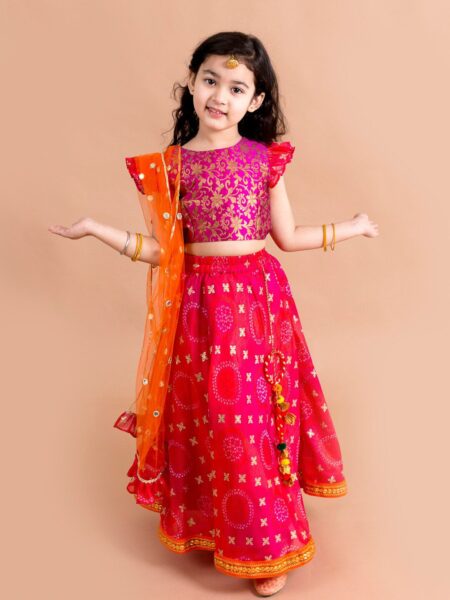 Girls Pink & Orange Ready to Wear Lehenga & Blouse With Dupatta