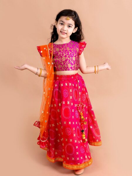 pspeaches Girls Pink & Purple Ready to Wear Lehenga & Blouse With Dupatta