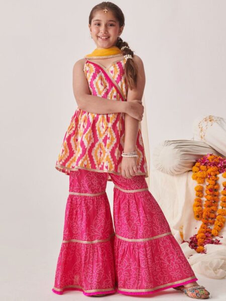 Girls Printed Angrakha Gotta Patti Kurti with Sharara & With Dupatta