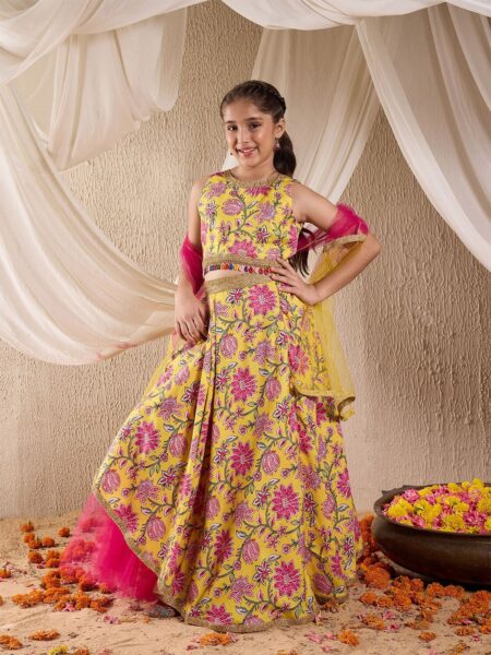 Girls Printed Gotta Patti Cotton Ready to Wear Lehenga & Blouse With Dupatta