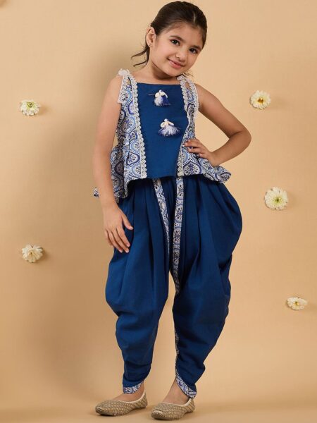 Girls Printed Regular Thread Work Top with Dhoti Pants