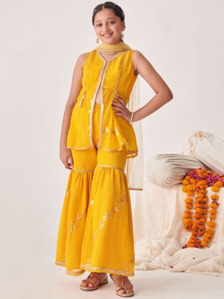 Girls Striped Regular Sequinned Kurta with Sharara & With Dupatta