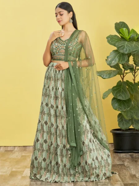 Embroidered Sequinned Semi-Stitched Lehenga & Unstitched Blouse With Dupatta