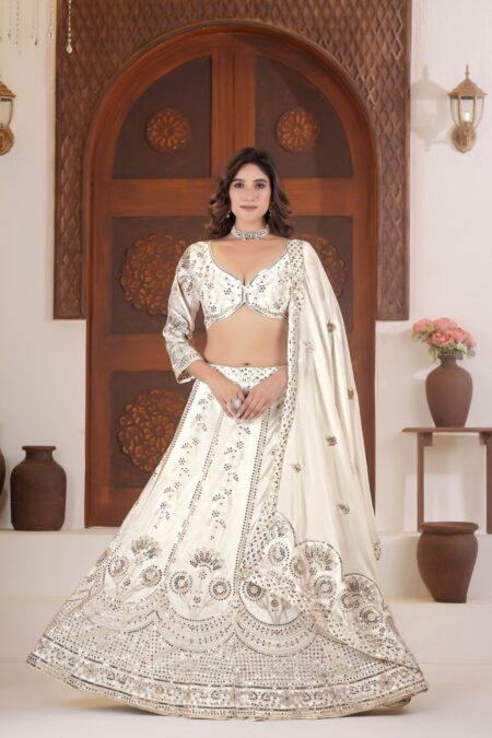 White Chinon Silk Sequins & Zari Embroidered Lehenga Choli for Bridesmaid & Wedding Wear