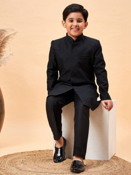 Boy's Black Glitter Indo Western Sherwani Set