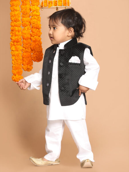 Boy's Black Polka Dot Printed Slim-Fit Nehru Jacket