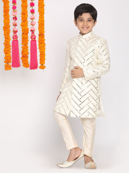 Boy's Cream-Colored Mirror Work Embellished Slim Fit Sherwani Set