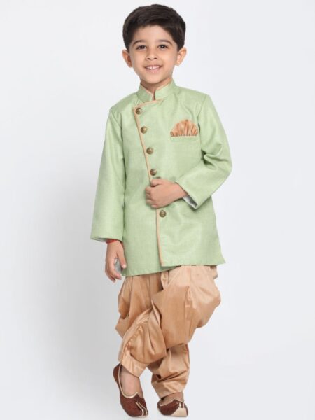 Boy's Green Jute Silk Blend Sherwani Set