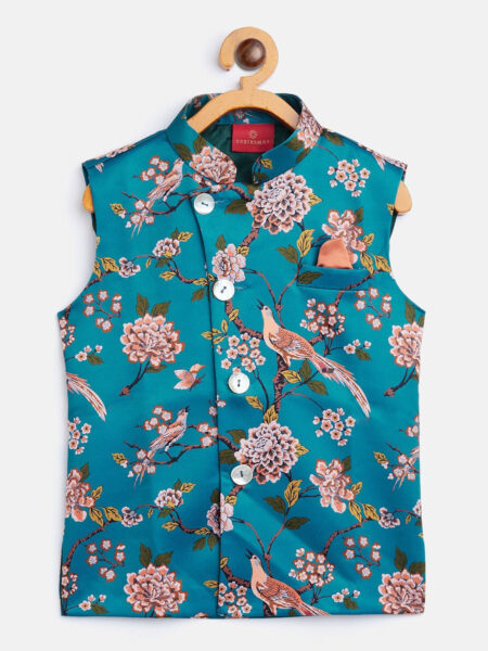 Boy's Turquoise Blue & Green Printed Nehru Jacket