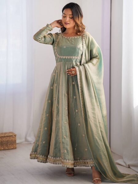 Fabulous Grey Sequins Work Silk Traditional Gown With Dupatta