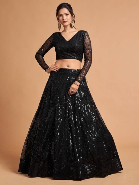 Black Embroidered Sequinned Kalamkari Semi-Stitched Lehenga & Unstitched Blouse With Dupatta