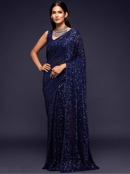 Navy Blue Fully Sequined Georgette Party Wear Saree