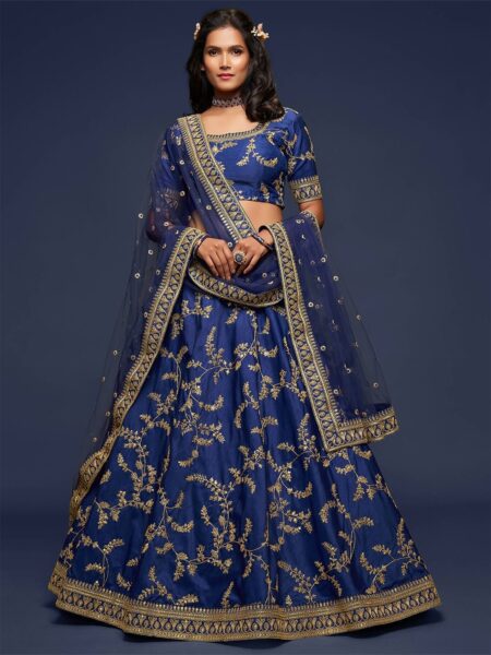 Blue Embroidered Semi-Stitched Lehenga & Unstitched Blouse With Dupatta