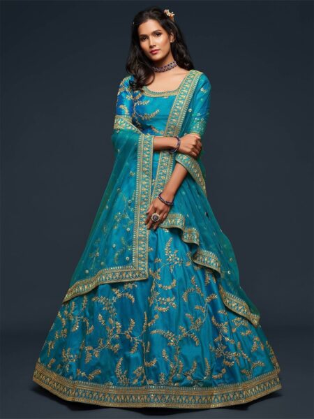 Blue & Golden Embroidered Semi-Stitched Lehenga & Unstitched Blouse With Dupatta