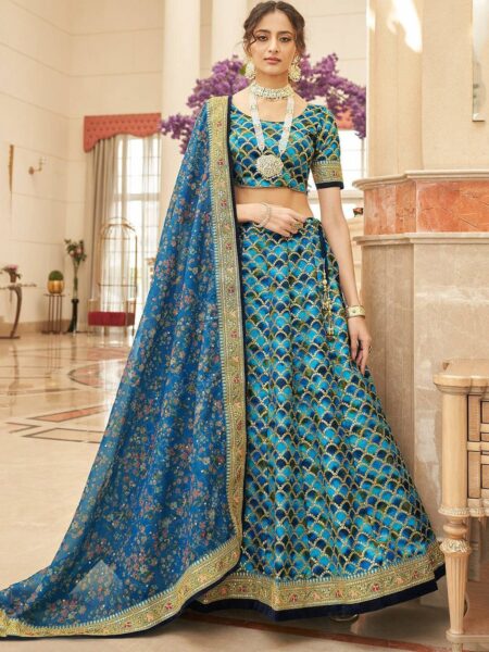 Blue & Green Embroidered Semi-Stitched Lehenga Choli