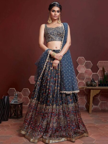 Blue & Pink Embellished Semi-Stitched Lehenga & Unstitched Blouse With Dupatta