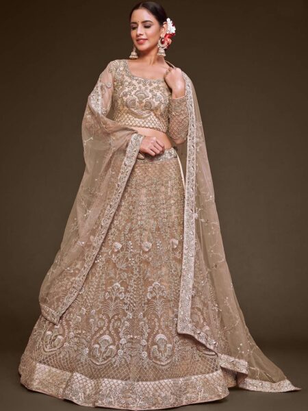Champagne & Gold-Toned Embroidered Semi-Stitched Lehenga & Unstitched Blouse With Dupatta
