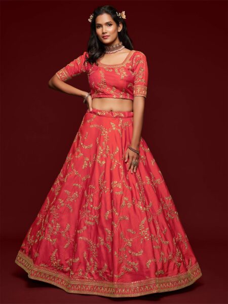 Coral Embroidered Sequinned Semi-Stitched Lehenga & Unstitched Blouse With Dupatta