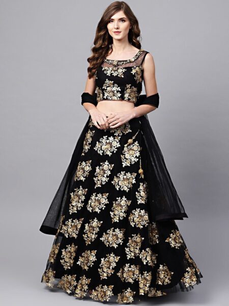 Embroidered Net Semi-Stitched Lehenga & Unstitched Blouse With Dupatta