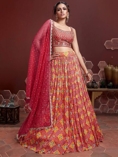 Red & Mustard Embroidered Semi-Stitched Lehenga & Unstitched Blouse With Dupatta