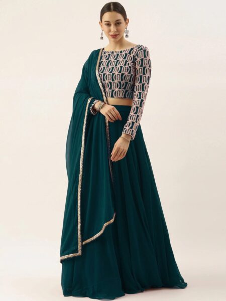 Embroidered Semi-Stitched Lehenga & Unstitched Blouse With Dupatta