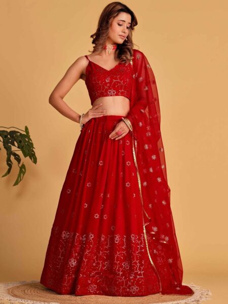 Embroidered Sequinned Semi-Stitched Red Lehenga & Unstitched Blouse With Dupatta
