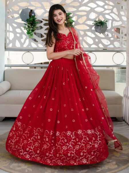 Floral Embroidered Semi-Stitched Lehenga & Unstitched Blouse With Dupatta