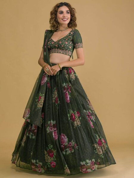 Floral Embroidered Thread Work Semi-Stitched Lehenga Choli With Dupatta