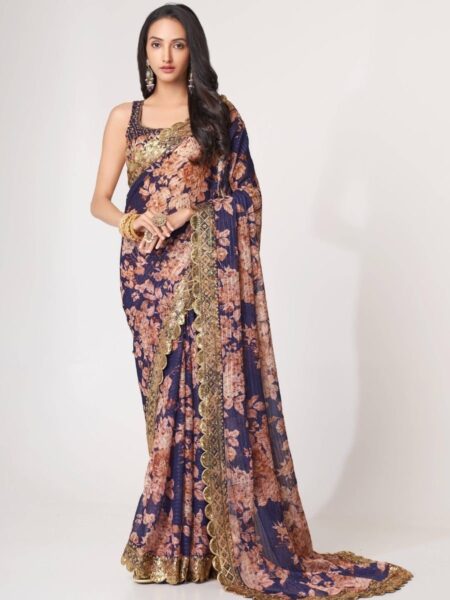 Adorable Purple Floral Printed Organza Ceremony Wear Saree
