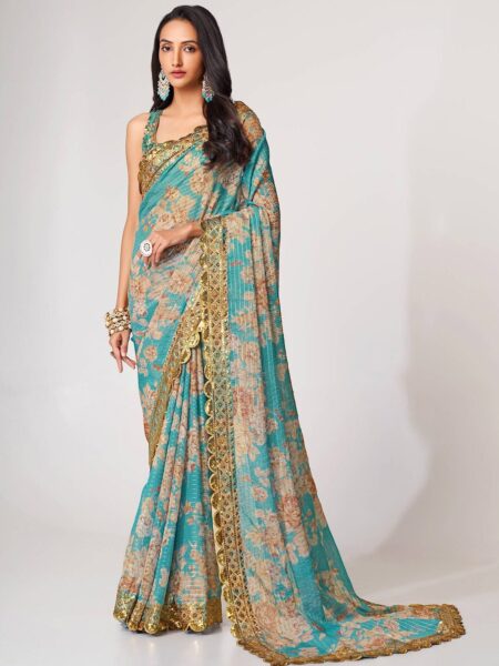 Endearing Sky Blue Floral Printed Organza Carnival Wear Saree