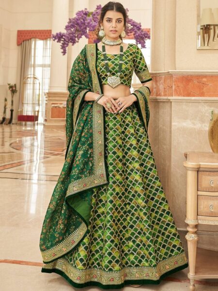 Green & Red Embroidered Sequinned Semi-Stitched Lehenga & Unstitched Blouse With Dupatta