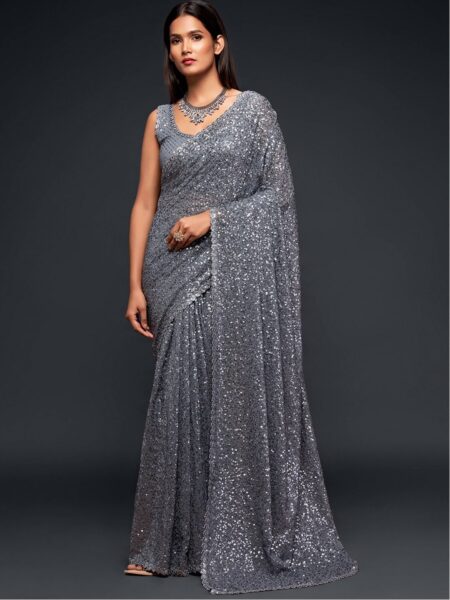 Grey Fully Sequined Georgette Party Wear Saree