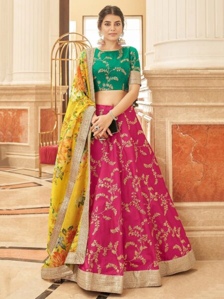 Pink & Yellow Embroidered Semi-Stitched Lehenga & Unstitched Blouse With Dupatta