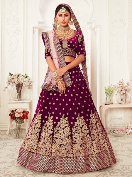 Purple & Gold-Toned Embroidered Kalamkari Semi-Stitched Lehenga & Unstitched Blouse With Dupatta