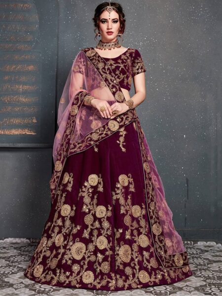 Purple & Gold-Toned Embroidered Semi-Stitched Lehenga & Unstitched Blouse With Dupatta