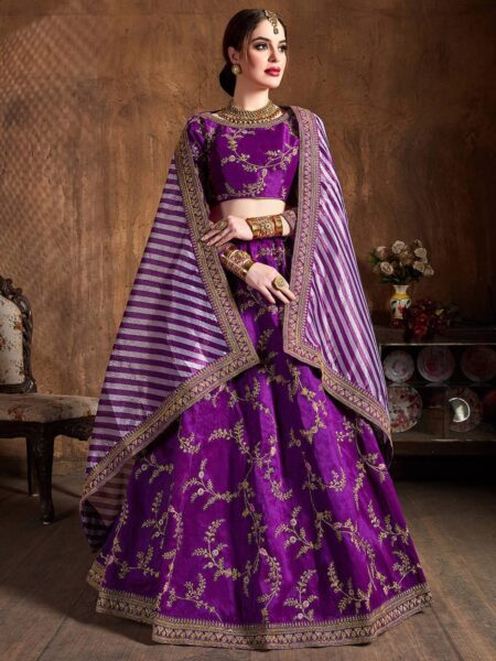 Purple & Gold-Toned Embroidered Semi-Stitched Lehenga & Unstitched Blouse With Dupatta