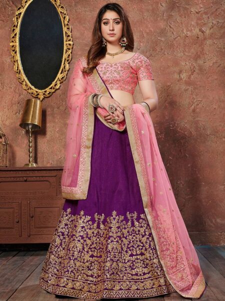 Purple & Pink Embroidered Bridal Lehenga Choli Set With Dupatta