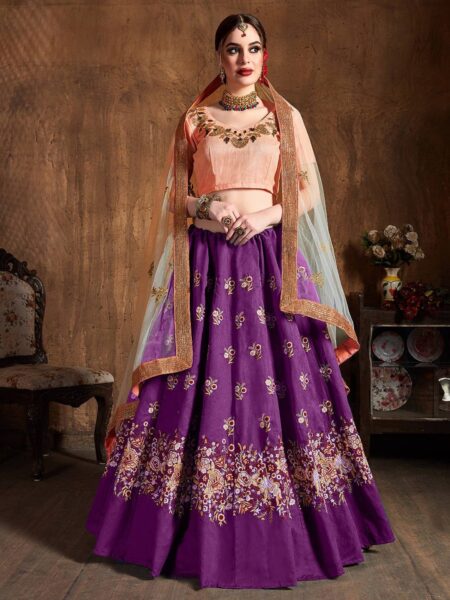 Purple & Pink Embroidered Semi-Stitched Lehenga & Unstitched Blouse With Dupatta