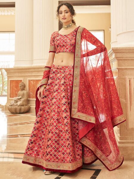 Red & Gold-Toned Embroidered Semi-Stitched Lehenga & Unstitched Blouse With Dupatta