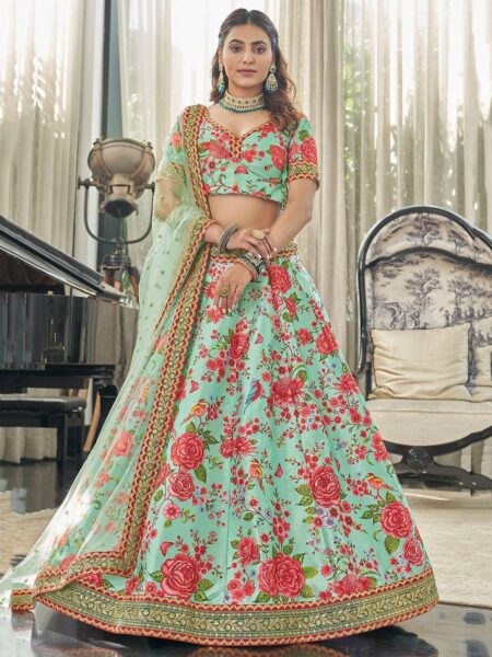 Sea Green & Red Printed Semi-Stitched Lehenga & Unstitched Blouse With Dupatta