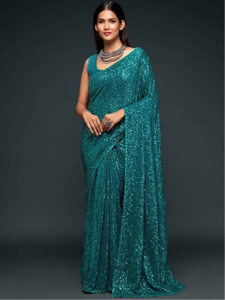 Teal Blue Fully Sequined Georgette Party Wear Saree